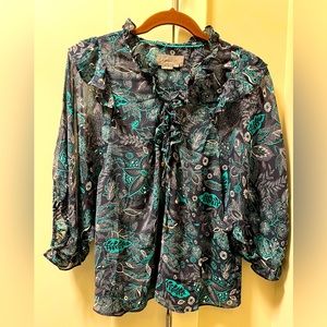 Long sleeve tie front blouse with ruffles